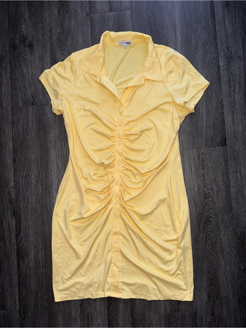 Yellow Ruched Button-Front Mini Dress